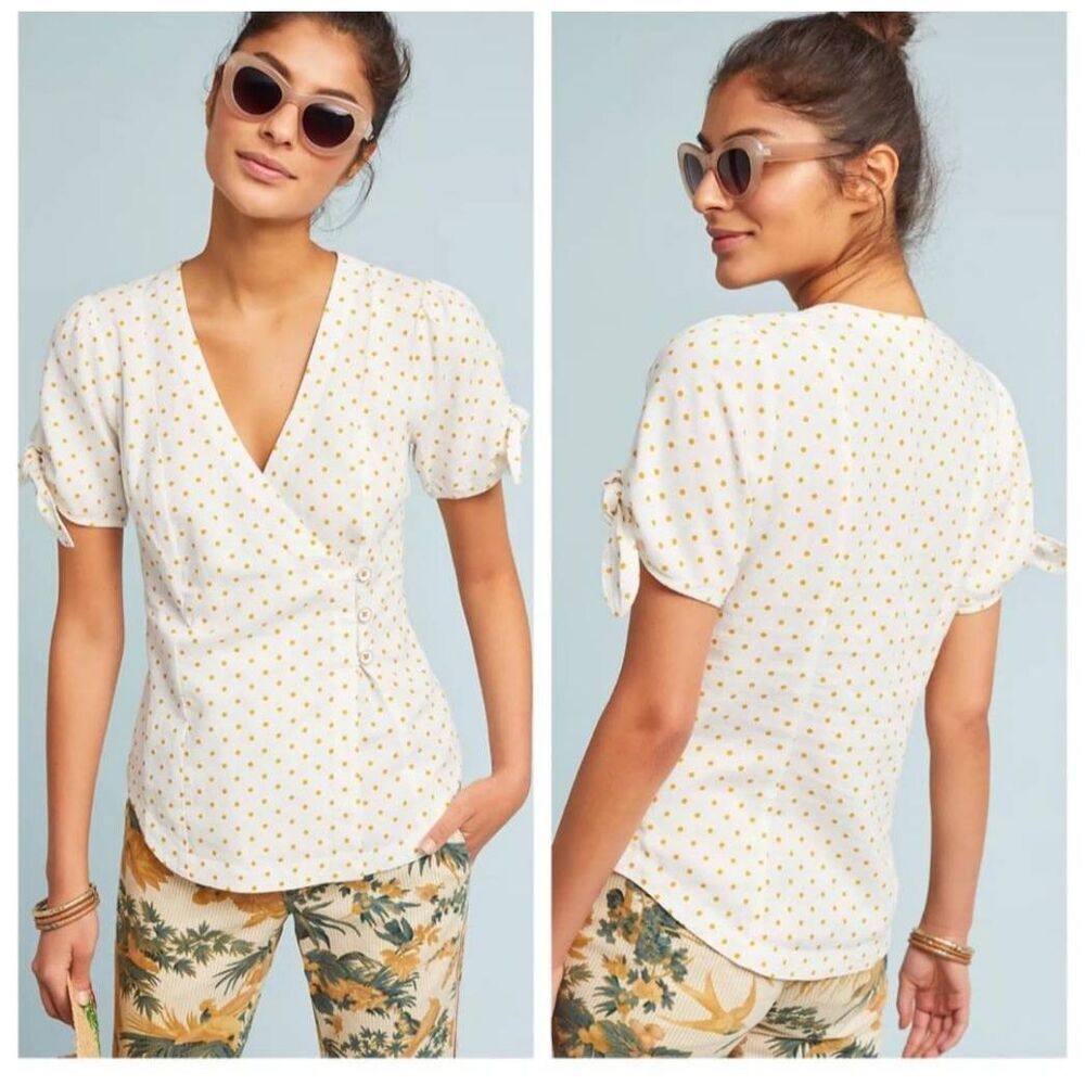 Anthropologie Maeve Louise Wrapped Blouse Sz 2 White Yellow Polka-dot Linen Top